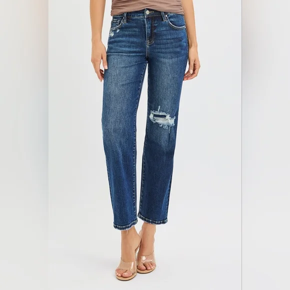 RISEN High-Rise Waist Distressed Patch Knee Straight Leg Pants Ankle Denim Jeans - Picture 15 of 16